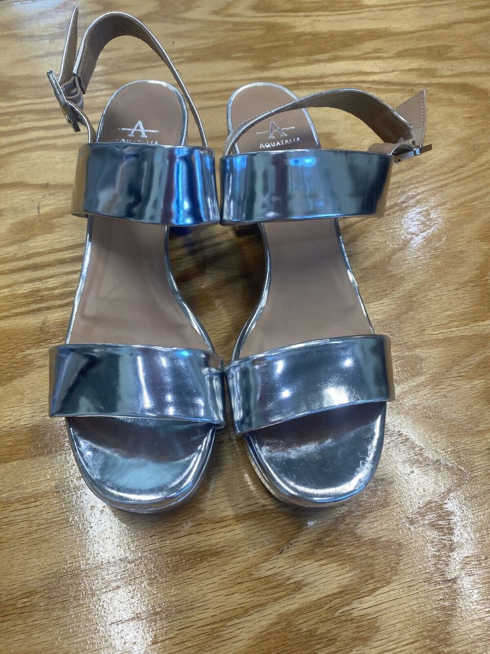 Aquatalia Melly Heels Women's 11 Silver Leather Block Preppy Party/Cocktail S72